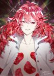  androgynous artist_name bangs collarbone collared_shirt crystal_hair dated eyebrows_visible_through_hair gem hair_between_eyes highres houseki_no_kuni kurono_yuu long_hair looking_at_viewer open_clothes open_shirt padparadscha_(houseki_no_kuni) red_eyes red_hair shiny shiny_hair shirt smile sparkle teeth upper_body white_shirt 