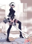  1girl black_clothes black_gloves black_legwear black_skirt breasts feather-trimmed_sleeves high_heel_boots juliet_sleeves katana nier_(series) nier_automata puffy_sleeves short_hair thigh_boots thighhighs thighhighs_under_boots weapon yorha_no._2_type_b 