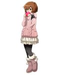  black_legwear black_ribbon brown_eyes brown_hair casual eyebrows_visible_through_hair full_body fur_trim grey_footwear hair_between_eyes heart holding log_horizon miniskirt minori_(log_horizon) official_art pantyhose pink_sweater ribbon short_hair skirt solo standing sweater transparent_background white_skirt 