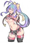  1girl antenna_hair blazblue blush breasts cosplay enpe fingerless_gloves genderswap genderswap_(mtf) gloves long_hair mai_natsume navel one_eye_closed open_mouth ponytail purple_hair skirt solo thumbs_up underboob wink 