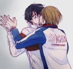  2boys 3_1_21 against_wall black_hair brown_hair closed_eyes fuji_shuusuke grey_eyes hair_between_eyes hand_on_another's_chin holding_hands jacket kiss looking_at_another mizuki_hajime multiple_boys short_hair simple_background sportswear surprise_kiss surprised tennis_no_ouji-sama track_jacket v-shaped_eyebrows wavy_hair white_background wide-eyed yaoi 