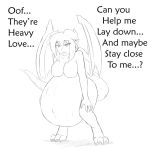  2014 abdominal_bulge animal_humanoid belly big_belly breasts dragon_humanoid featureless_breasts female hair hand_on_knee himitsudragon horn humanoid long_hair long_tail looking_at_viewer monochrome nude pointy_ears pregnant seductive shadow text tired wings 