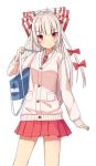  ahoge alternate_costume bag bangs blunt_bangs bow breasts buttons cardigan closed_mouth collared_shirt commentary_request cowboy_shot eyebrows_visible_through_hair fujiwara_no_mokou grey_hair hair_bow hair_ribbon hasu_(lausdys) highres holding_strap light_blush long_hair long_sleeves looking_at_viewer medium_breasts miniskirt necktie pink_cardigan pleated_skirt pocket red_eyes red_neckwear red_ribbon red_skirt ribbon school_bag school_uniform shirt simple_background skirt smile solo standing touhou white_background white_bow white_shirt wing_collar 
