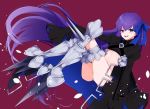  armor armored_boots ass bangs black_coat blue_ribbon boots coat crotch_plate eyebrows_visible_through_hair fate/extra fate/extra_ccc fate/grand_order fate_(series) hair_ornament hair_ribbon highres long_hair long_sleeves looking_at_viewer meltlilith navel purple_eyes purple_hair revealing_clothes ribbon sleeves_past_fingers sleeves_past_wrists smile solo spikes takae_(poupee_en_biscuit) very_long_sleeves 