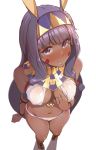  animal_ears bare_shoulders blush breasts closed_mouth commentary_request facial_mark fate/grand_order fate_(series) foreshortening from_above full_body hair_tubes hairband hand_on_own_chest highres long_hair looking_at_viewer looking_up medium_breasts navel nitocris_(fate/grand_order) purple_eyes purple_hair revealing_clothes sandals sidelocks simple_background solo standing tokiwa_midori_(kyokutou_funamushi) white_background 