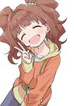  :d absurdres bag blush brown_hair closed_eyes facing_viewer hair_intakes hand_up handbag head_tilt highres hood hood_down hoodie idolmaster idolmaster_(classic) long_sleeves open_mouth pants short_hair simple_background smile solo takatsuki_yayoi twintails v white_background yamamoto_souichirou 