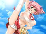  1girl areolae blush breast_expansion breasts bursting_breasts cheerleader game_cg green_eyes hair_ornament huge_breasts kurumi_akizawa lactation navel nipples open_mouth outdoors panties pink_hair see-through shinshoku_2 short_hair sky solo spread_legs touchable underboob underwear wet 