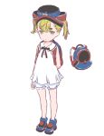  arm_at_side arm_behind_back backpack bag blonde_hair blue_footwear boyshorts closed_mouth full_body green_eyes helmet highres looking_at_viewer nazoani_museum original red_footwear school_uniform serafuku shirt shoes short_hair simple_background solo standing twintails white_background white_shirt 