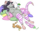  2017 anal_beads beverage breasts clothing female fur grey_fur grey_hair hair happy legwear looking_at_viewer lying mammal masturbation mouse nude on_back onigrift purple_eyes pussy pussy_juice rodent sex_toy solo stockings vibrator 