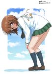  :3 :d absurdres animal animal_on_back bangs black_neckwear blouse brown_eyes brown_footwear brown_hair cat cloud cloudy_sky commentary dated day excel_(shena) eyebrows_visible_through_hair from_side girls_und_panzer green_skirt hands_on_own_knees highres leaning_forward loafers logo long_sleeves looking_at_viewer looking_back miniskirt navy_blue_legwear neckerchief nishizumi_miho ooarai_school_uniform open_mouth outside_border pleated_skirt school_uniform serafuku shadow shoes short_hair skirt sky smile socks solo standing twitter_username white_blouse 