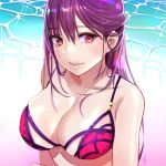  bangs bare_shoulders bikini blush breasts commentary earrings fate/grand_order fate_(series) hair_behind_ear jewelry large_breasts lips long_hair looking_at_viewer pink_bikini pink_lips purple_bikini purple_hair rangsiwut_sangwatsharakul red_eyes scathach_(fate)_(all) scathach_(swimsuit_assassin)_(fate) shiny shiny_skin skindentation smile solo swimsuit upper_body 