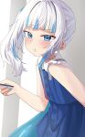  1girl blue_eyes blue_hair blue_nails blue_overskirt blush cube_hair_ornament gawr_gura gawr_gura_(casual) hair_ornament highres hololive hololive_english kurushiro1102 looking_at_viewer medium_hair multicolored_hair official_alternate_costume puffy_cheeks shirt side_ponytail streaked_hair virtual_youtuber white_hair white_shirt 