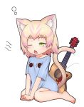  &lt;o&gt;_&lt;o&gt; ;o animal_ears barefoot blonde_hair cat_ears cat_tail chestnut_mouth commentary extra_ears fang full_body green_eyes guitar highres instrument kemono_friends mewhan multicolored_hair nina_yuki no_pants one_eye_closed pink_hair sand_cat_(kemono_friends) shirt short_hair simple_background sitting solo t-shirt tail tail_raised tears wariza white_background yawning 