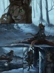  5_fingers anthro black_lips blood breasts brown_hair caracal clothed clothing comic dead_body detailed_background digital_media_(artwork) digitigrade duo feline female forest fur green_eyes hair male mammal snow tan_fur tatiilange teeth tree 