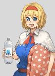  :d alice_margatroid belt blonde_hair blue_dress blue_eyes blush bottle breasts bright_pupils capelet chanta_(ayatakaoisii) check_commentary commentary_request dress grey_background hairband highres holding large_breasts looking_at_viewer open_mouth pillow polka_dot short_hair short_sleeves simple_background smile solo touhou water_bottle 