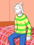  2015 anthro asriel_dreemurr bed bedroom boss_monster caprine clothed clothing cute fangs fur fuze goat green_eyes hi_res long_ears looking_at_viewer male mammal pattern_clothing shirt solo striped_clothing striped_sweater undertale video_games white_fur 