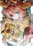  1girl animal_ear_fluff animal_ears artist_logo artist_name bandaid bandaid_on_face blue_eyes border flower flower_pot fox_ears fox_girl fox_tail hair_between_eyes highres holding holding_flower_pot hood hoodie looking_at_viewer open_mouth original red_hair sample_watermark short_hair solo soresaki sunflower tail two-tone_hoodie watermark white_border yellow_hoodie 
