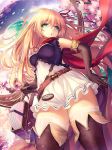  :o arisa_(shadowverse) belt blonde_hair boots breasts cherry_blossoms dk.senie dress elbow_gloves gloves green_eyes hair_ribbon highres long_hair looking_at_viewer looking_down medium_breasts petals pocket_watch pointy_ears ribbon scarf shadowverse solo thigh_boots thighhighs thighhighs_under_boots watch wind 