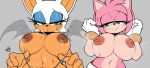 2024 a1x1az amy_rose anthro bat bodily_fluids bottomwear clothed clothing eulipotyphlan eyelashes eyeshadow female female/female gloves green_eyes half-closed_eyes handwear hedgehog hi_res makeup mammal narrowed_eyes navel nipples rouge_the_bat sega signature solo sonic_the_hedgehog_(series) sweat thong thong_straps topless underwear white_clothing white_gloves white_handwear wings