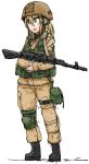  1girl ak-74 ak-74m blonde_hair dutchko green_eyes helmet russia simple_background solo uniform weapon 