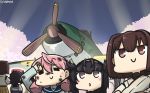  ahoge aircraft airplane akashi_(kantai_collection) black_hair black_sailor_collar blue_sailor_collar brown_eyes brown_hair closed_eyes commentary_request crossed_arms dirty_clothes e16a_zuiun hachimaki hair_flaps hair_ribbon hamu_koutarou hatsuzuki_(kantai_collection) headband highres hyuuga_(kantai_collection) inset japanese_clothes kantai_collection long_hair long_sleeves multiple_girls nontraditional_miko pink_hair ribbon sailor_collar short_hair smile tress_ribbon undershirt upper_body 