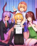  3girls @_@ age_difference alice_margatroid animal_ears black_legwear blonde_hair blush braid breasts brown_hair bunny_ears cleavage cookie_(touhou) dark_skin eyebrows_visible_through_hair hairband highres hinase_(cookie) hisui_(cookie) holding holding_sign ichigo_(cookie) kirisame_marisa kneehighs large_breasts long_hair long_sleeves multiple_girls necktie open_mouth orange_hair otoko_no_ko parted_lips purple_skirt red_eyes red_neckwear rei_(cookie) reisen_udongein_inaba seiza short_hair sign sitting skirt smile tarmo teeth touhou translation_request v yellow_eyes 