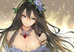  bare_shoulders blue_eyes breasts brown_hair cleavage commentary_request dress flower granblue_fantasy hair_flower hair_ornament kakage large_breasts long_hair looking_at_viewer rose rosetta_(granblue_fantasy) solo 