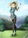  armor bird blonde_hair blush breasts brown_eyes clair_(fire_emblem) day dress field fire_emblem fire_emblem_echoes:_mou_hitori_no_eiyuuou forest full_body helmet highres large_breasts long_hair nature open_mouth pantyhose pegasus polearm ponytail shoulder_armor sky smile solo weapon yuino_(fancy_party) 