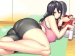  ass bike_shorts black_hair blush breasts brown_eyes covered_nipples hakai_shin hot huge_ass huge_breasts large_breasts long_hair looking_at_viewer lying mat mirror on_stomach original pantylines red_eyes skindentation smile solo sweat thick_thighs thighs 