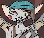 anthro blood bodily_fluids clothing deadlock ear_markings ears_front facial_piercing fangs female female/female gargoyle gun hat headgear headwear ivy_(deadlock) nose_piercing nose_ring open_mouth open_smile piercing pupils ranged_weapon ring_piercing rock smile solo straps_across_chest teeth tinky tongue tongue_out valve weapon wings yellow_pupils