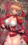  aestus_estus ahoge bangs blonde_hair breasts cleavage commentary_request dress epaulettes eyebrows_visible_through_hair fate/extra fate/grand_order fate_(series) green_eyes hair_bun hair_ornament hair_ribbon highres holding holding_sword holding_weapon large_breasts leotard long_sleeves looking_at_viewer nero_claudius_(fate) nero_claudius_(fate)_(all) open_mouth petals plaster_(2501) red_dress red_ribbon ribbon see-through shiny shiny_skin short_hair solo standing sword weapon white_leotard 