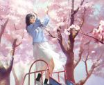  :d black_hair black_legwear blue_jacket brown_eyes cherry_blossoms commentary_request day hands_up highres jacket long_hair long_sleeves open_mouth original outdoors shoes skirt slide smile socks solo tree tunapon01 white_footwear white_skirt 