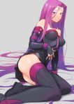  absurdly_long_hair ass belt_collar black_dress black_footwear black_gloves boots breasts closed_mouth commentary_request doushimasho dress elbow_gloves facial_mark fate/stay_night fate_(series) fingerless_gloves forehead_mark gloves grey_background highres large_breasts long_hair purple_eyes purple_hair purple_legwear reclining rider short_dress simple_background solo thigh_boots thighhighs very_long_hair 