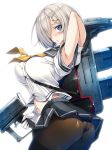  :o arm_behind_back armpits ass bangs black_legwear blue_eyes breasts buttons commentary_request eyebrows_visible_through_hair gloves gun hair_ornament hair_over_one_eye hairclip hamakaze_(kantai_collection) highres holding holding_gun holding_weapon kantai_collection large_breasts looking_at_viewer machinery midriff navel neckerchief open_mouth panties panties_under_pantyhose pantyhose pleated_skirt rigging sailor_collar school_uniform serafuku shirt short_hair sidelocks silver_hair simple_background skirt strap thighband_pantyhose thighs torisan trigger_discipline twisted_torso underwear weapon white_background white_gloves white_hair white_shirt yellow_neckwear 