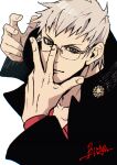  1boy arm_up blonde_hair burning_isaka closed_mouth collarbone collared_jacket commentary glasses grey_eyes hand_on_own_face high_collar highres jacket justice_gakuen kagami_kyousuke layered_clothes layered_sleeves long_sleeves looking_at_viewer male_focus red_shirt rimless_eyewear shirt simple_background solo undershirt upper_body white_background 