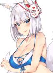  animal_ears azur_lane bare_arms bare_shoulders bikini blue_bikini blue_eyes blush breasts cleavage eyebrows_visible_through_hair eyes_visible_through_hair fox_ears fox_mask fox_tail kaga_(azur_lane) large_breasts looking_at_viewer mask mask_on_head parted_lips short_hair silver_hair simple_background smile smirk solo swimsuit tail tuxedo_de_cat upper_body white_background 