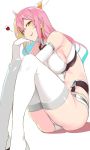  bare_shoulders breasts commentary_request copyright_request detached_sleeves koko_shiguma large_breasts long_hair multicolored_hair pink_hair smile streaked_hair thighhighs white_legwear 