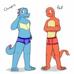  anthro anthrofied barefoot blue_eyes blue_scales blush briefs bulge charmander clothing duo fire flaming_tail fuze hi_res male navel nintendo pok&eacute;mon pok&eacute;mon_(species) pok&eacute;morph red_eyes red_scales scales shy simple_background teeth totodile underwear video_games white_background 