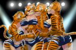  2018 akiric anthro arm_around_shoulders blue_eyes breast_pillow breasts butt cleavage clothed clothing crossgender disney feline female fur green_eyes group inner_ear_fluff looking_back mammal navel orange_eyes skimpy smile spotlight standing striped_fur stripes tiger tiger_dancer_(zootopia) whiskers zootopia 