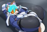  1girl blue_hair borrowed_character dog furry legs_up open_mouth pochincoff ramune_(mayoi89g) red_eyes robot_ears short_hair solo visor 