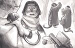  ambiguous_species anthro ball_of_yarn book character_collage eyebrows eyewear felid female glasses hair mammal marcie_montis mirabelle_collins nude rear_view scarf shocked short_hair sitting sketch solo tail thick_eyebrows yarn 