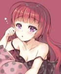  ahoge bare_shoulders blush breasts chestnut_mouth cleavage commentary_request eyebrows_visible_through_hair hand_up highres houjou_sophie medium_breasts nightgown parted_lips pillow polka_dot pretty_(series) pripara purple_eyes red_background red_hair solo suzune_rena 