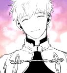  ^_^ archer bangs closed_eyes closed_mouth eyebrows_visible_through_hair fate/stay_night fate_(series) head_tilt highres jacket limited_palette male_focus sad_smile smile solo takashi_(onikukku) 