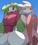  anthro big_breasts black_eyes blue_background blush breasts duo eyebrows female green_hair hair looking_at_viewer lurantis nintendo pok&eacute;mon pok&eacute;mon_(species) purple_eyes red_eyes red_sclera simple_background tsareena video_games ソリュウ 