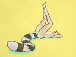  2017 anthro balls brown_hair cacomistle eyes_closed fur hair kaputotter legs_up lying male mammal nude on_back pawpads procyonid ringtail simple_background solo tan_fur yellow_background 