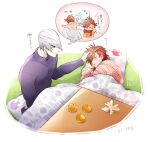  2boys alternate_costume blush closed_eyes dated food fruit image_in_thought_bubble implied_yaoi ishida_mitsunari_(sengoku_basara) kkkaaaayyy kotatsu light_smile long_sleeves male_focus multiple_boys orange_(fruit) parted_lips pillow purple_shirt sengoku_basara shima_sakon_(sengoku_basara) shirt sleeping table thought_bubble under_kotatsu under_table upper_body white_background 