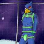  abs anthro avian bdsm beak bird blue_feathers bondage bound chastity chastity_cage falco_lombardi feathers frown fuze hi_res looking_at_viewer male nintendo nipples prison solo space space_station standing star_fox video_games 
