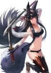  animal_ears bangs barefoot bell black_hair blunt_bangs blush breasts cleavage commentary_request dual_wielding eyebrows_visible_through_hair granblue_fantasy hair_bell hair_ornament hair_ribbon holding holding_sword holding_weapon large_breasts long_hair looking_at_viewer navel o-ring panties red_eyes red_ribbon reverse_grip ribbon simple_background smile solo stirrup_legwear sword tail thighhighs toeless_legwear underwear very_long_hair wasabi60 weapon white_background wolf_ears wolf_tail yuel_(granblue_fantasy) 