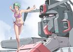  1girl aqua_hair bikini cloud commentary_request four_murasame gundam jumping machinery mecha mobile_armor mobile_suit original psyco_gundam redesign robot running_towards_viewer science_fiction sunlight swimsuit teikoku_jokyoku titans_(gundam) v-fin zeta_gundam zeta_gundam_define 