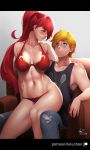  1boy 1girl blonde_hair blue_eyes blush breasts chair cleavage couple green_eyes hand_on_shoulders highres jaune_arc jeans large_breasts long_hair looking_at_another lulu-chan92 nipples pyrrha_nikos red_bikini red_hair rwby sitting sitting_on_lap smie smile tank_top torso_grab 